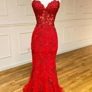 Red Strapless Lace Long Prom Dress, Mermaid Evening Dress
